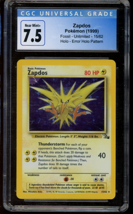 Zapdos #15 Fossil Error Holo Pattern CGC 7.5